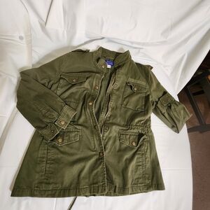 Vtg Sears Ladies L Khaki Jacket 6 Pockets Zipper Snaps Drawstring  100%Cotton